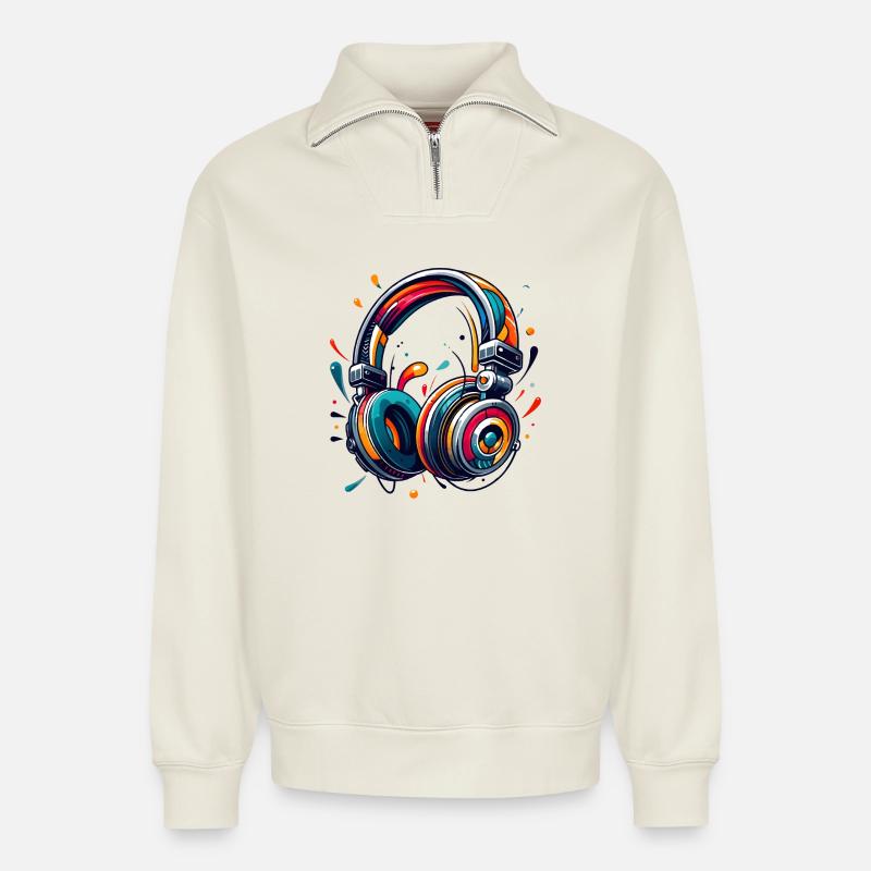 Kopfhörer im dynamischem, abstraktem Kunststil - Relaxed Unisex Organic Half Zip Sweatshirt – von SPREAD - Naturweiß