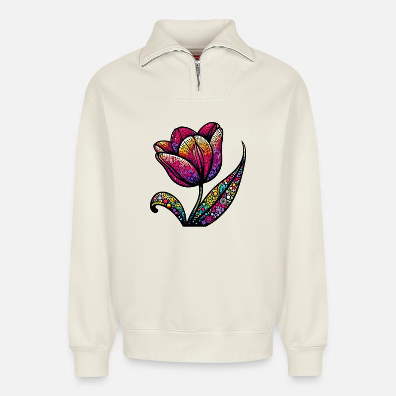 Tulpe - Relaxed Unisex Organic Half Zip Sweatshirt – von SPREAD - Naturweiß