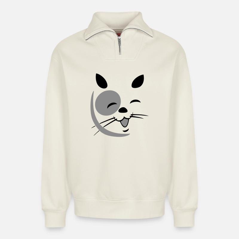 Visage de chat - Sweat unisexe décontracté en coton biologique à demi-zip – de SPREAD - blanc cassé