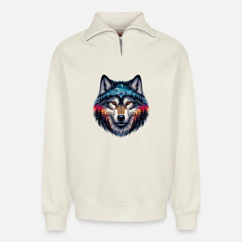 Loup - Sweat unisexe décontracté en coton biologique à demi-zip – de SPREAD - blanc cassé