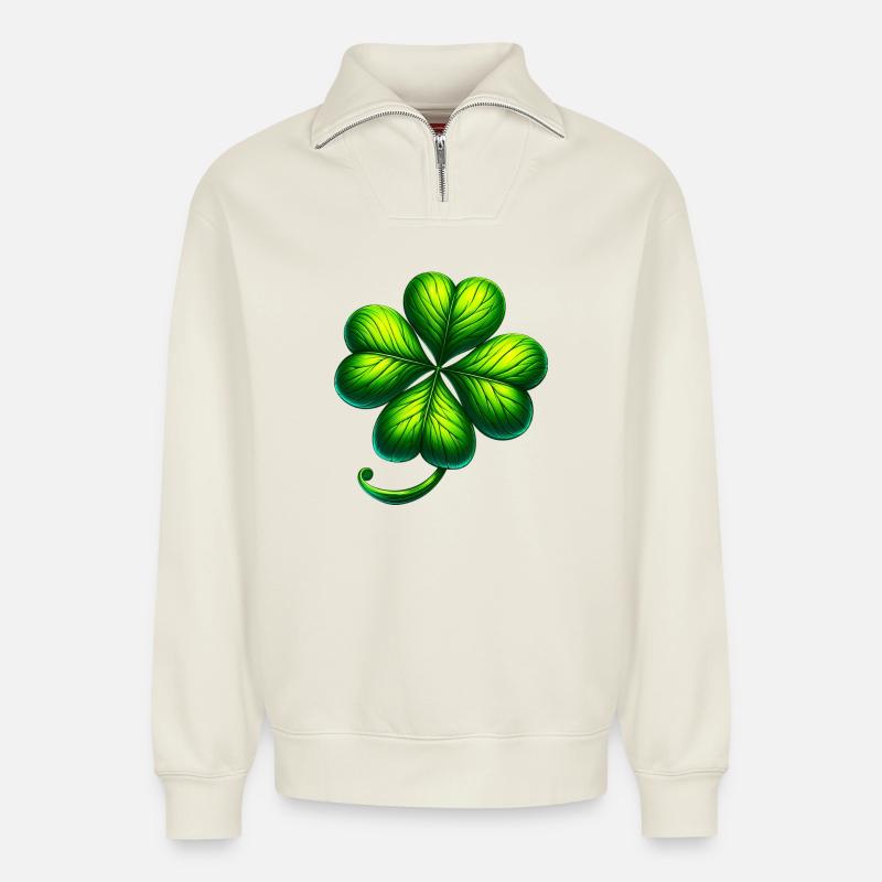 Trèfle à quatre feuilles - Sweat unisexe décontracté en coton biologique à demi-zip – de SPREAD - blanc cassé