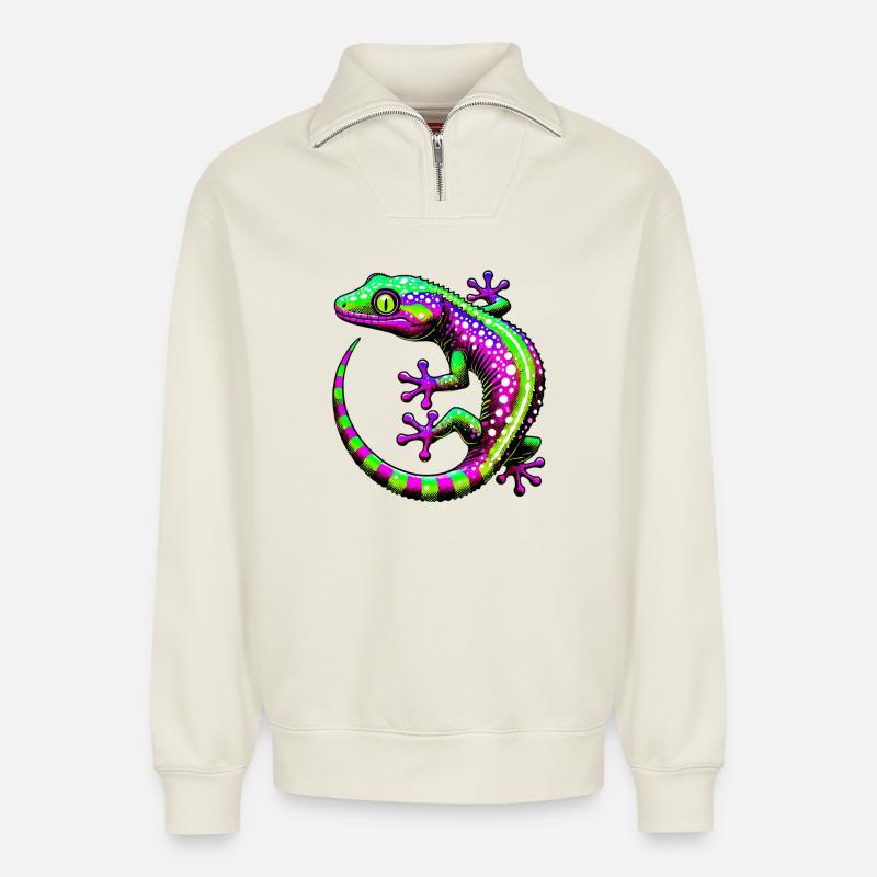 Gecko - Relaxed Unisex Organic Half Zip Sweatshirt – von SPREAD - Naturweiß