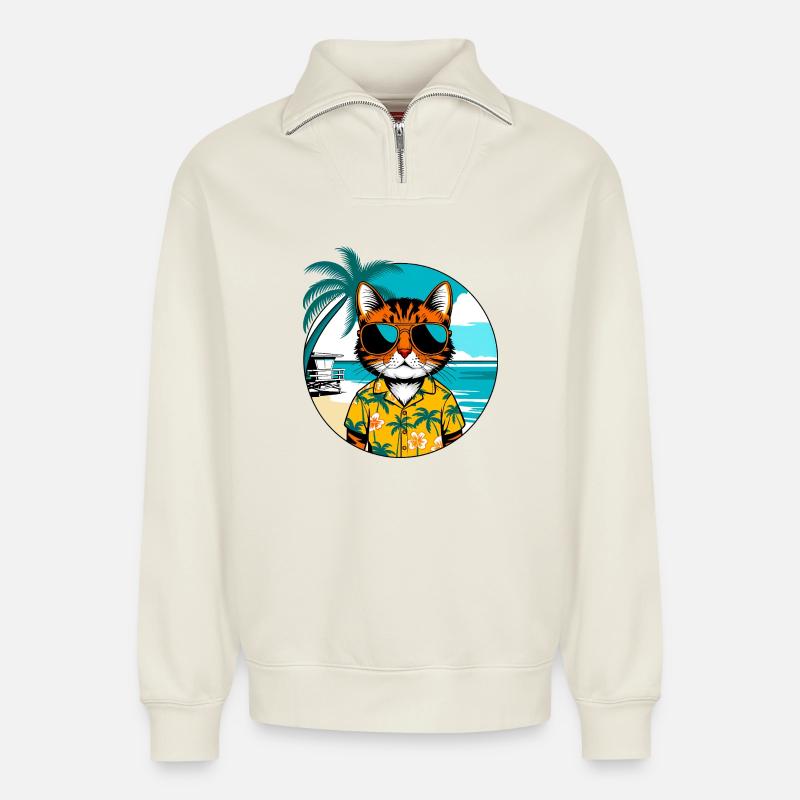 Katze am Strand - Relaxed Unisex Organic Half Zip Sweatshirt – von SPREAD - Naturweiß
