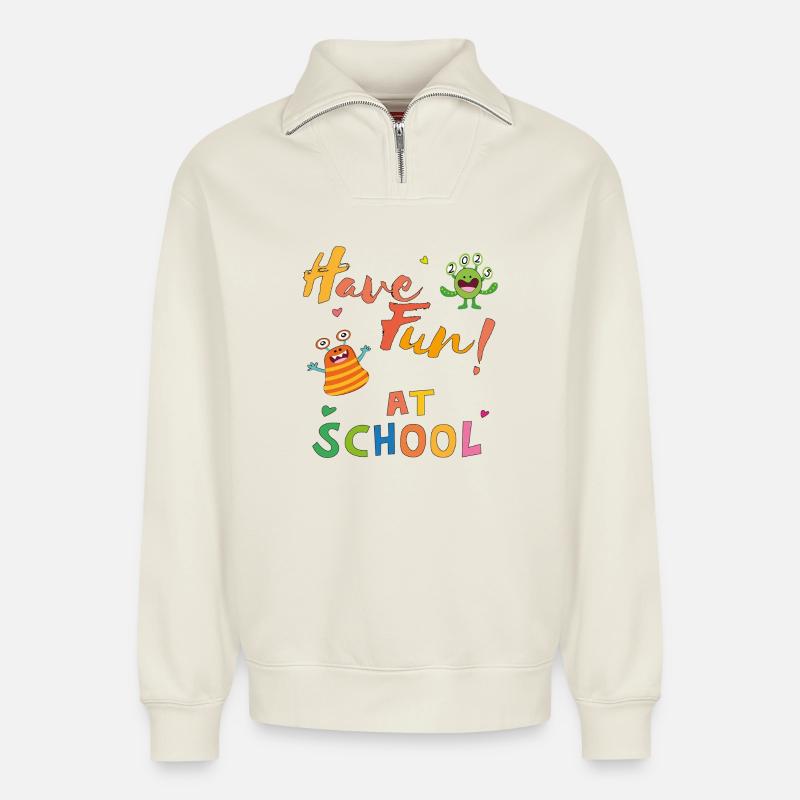 S’amuser à l’école - Sweat unisexe décontracté en coton biologique à demi-zip – de SPREAD - blanc cassé