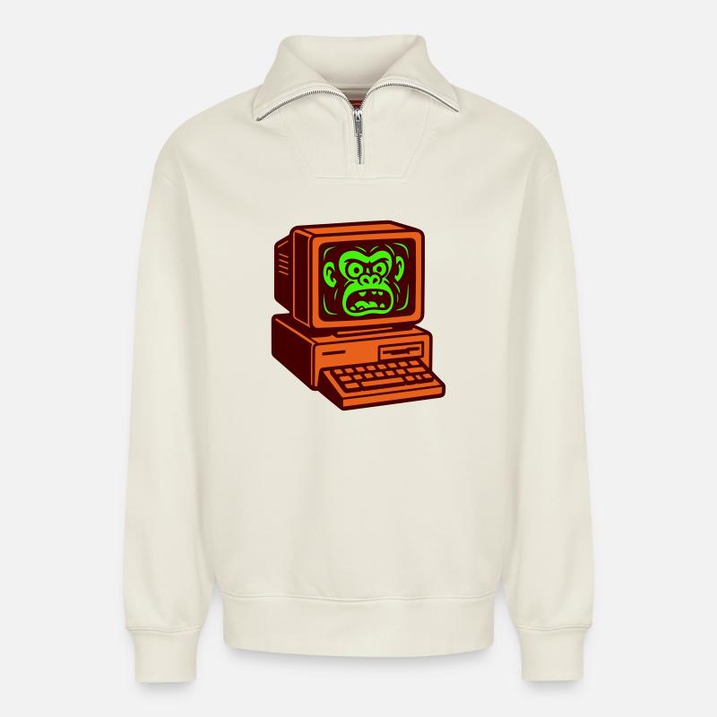 Computer Monkey - Relaxed Unisex Organic Half Zip Sweatshirt – by SPREAD - off white