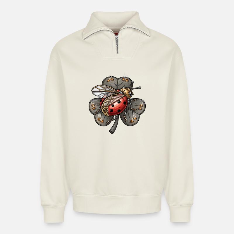 Steampunk Marienkäfer auf Kleeblatt - Relaxed Unisex Organic Half Zip Sweatshirt – von SPREAD - Naturweiß