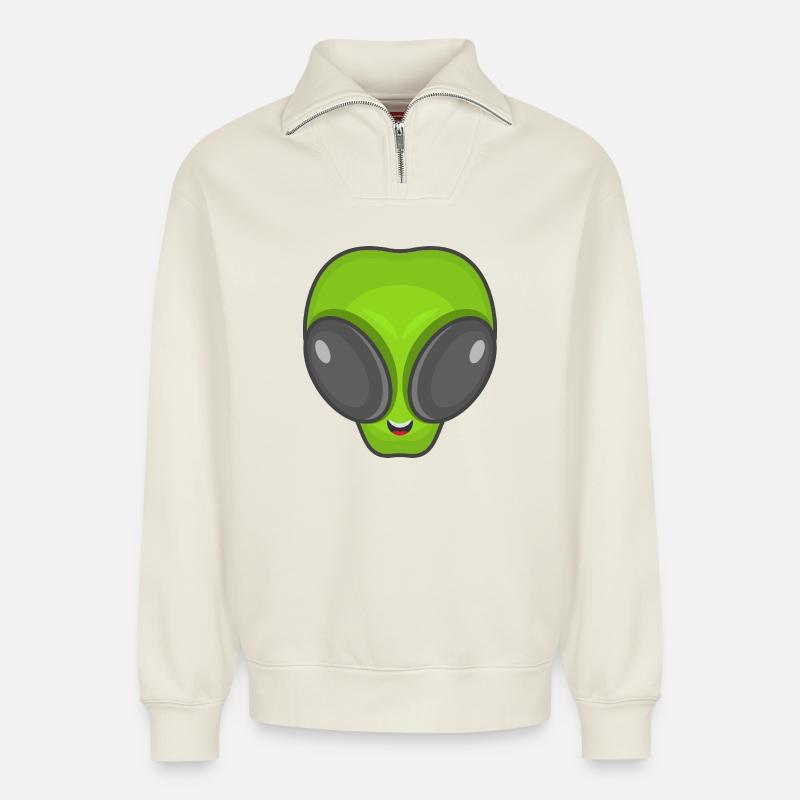 Tête d’extraterrestre verte - Sweat unisexe décontracté en coton biologique à demi-zip – de SPREAD - blanc cassé