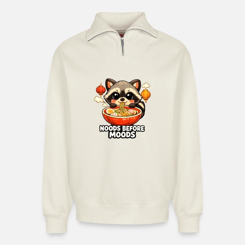 Ramen Noods Before Moods Waschbär - Relaxed Unisex Organic Half Zip Sweatshirt – von SPREAD - Naturweiß