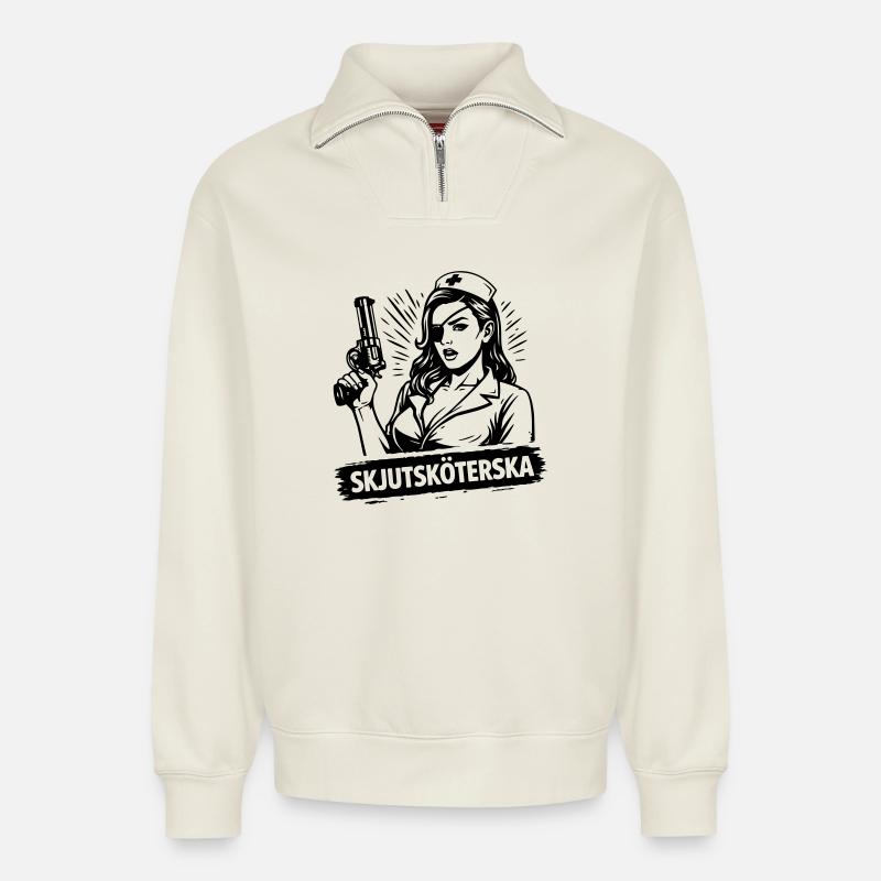 Shooting nurse - Relaxed Unisex Organic Half Zip Sweatshirt – by SPREAD - off white