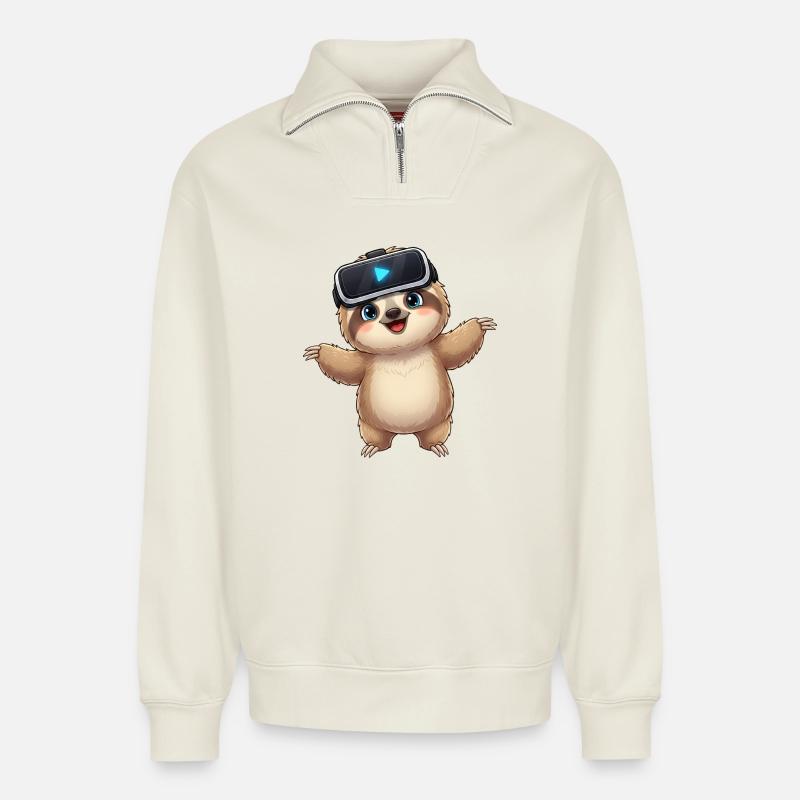 Fauler Faultier Virtual Reality Gamer Zocker - Relaxed Unisex Organic Half Zip Sweatshirt – von SPREAD - Naturweiß