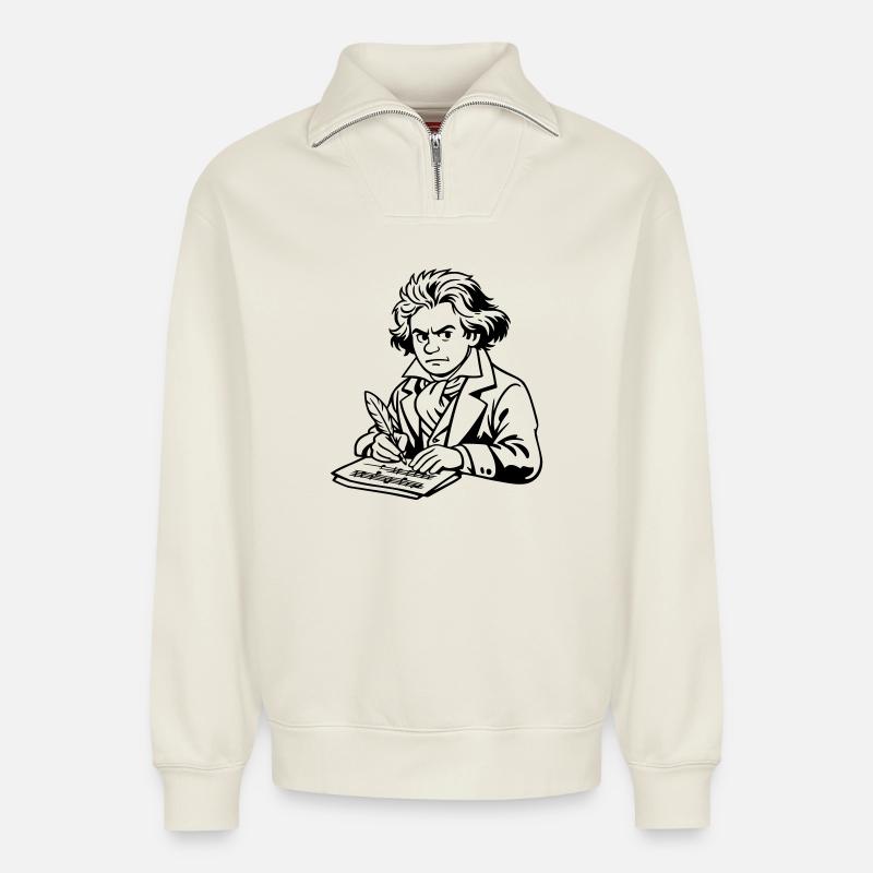 Beethoven - Sweat unisexe décontracté en coton biologique à demi-zip – de SPREAD - blanc cassé