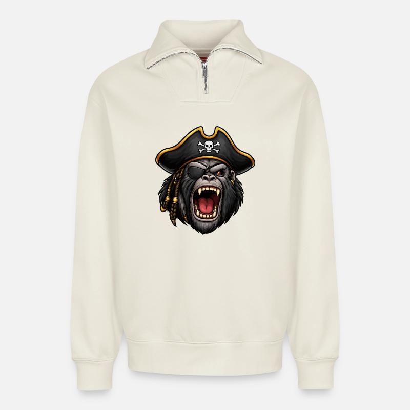 Gorille pirate avec cache-œil - Sweat unisexe décontracté en coton biologique à demi-zip – de SPREAD - blanc cassé