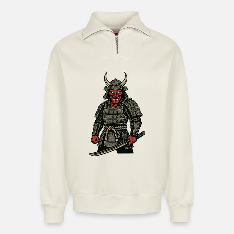 Oni Samurai - Dämonischer Krieger - Relaxed Unisex Organic Half Zip Sweatshirt – von SPREAD - Naturweiß