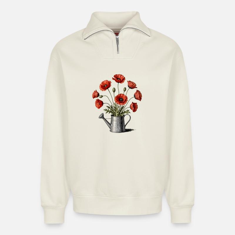 Coquelicots dans un arrosoir - Sweat unisexe décontracté en coton biologique à demi-zip – de SPREAD - blanc cassé