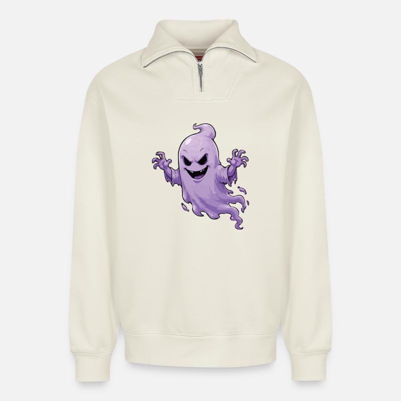 Ghost Haunted Design - Relaxed Unisex Organic Half Zip Sweatshirt – by SPREAD - off white