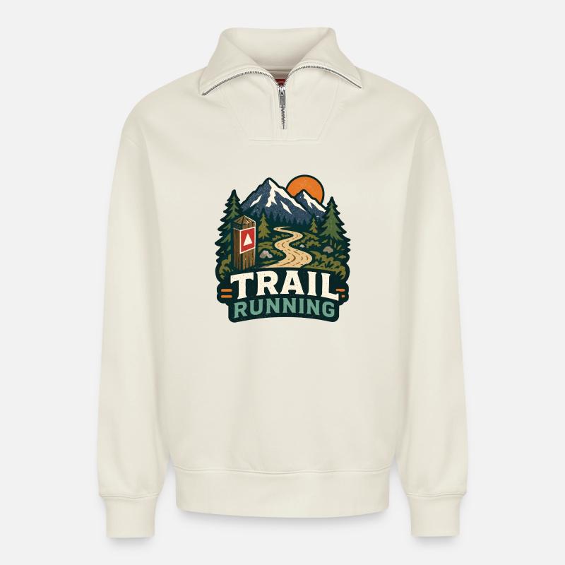 Trail running - Sweat unisexe décontracté en coton biologique à demi-zip – de SPREAD - blanc cassé