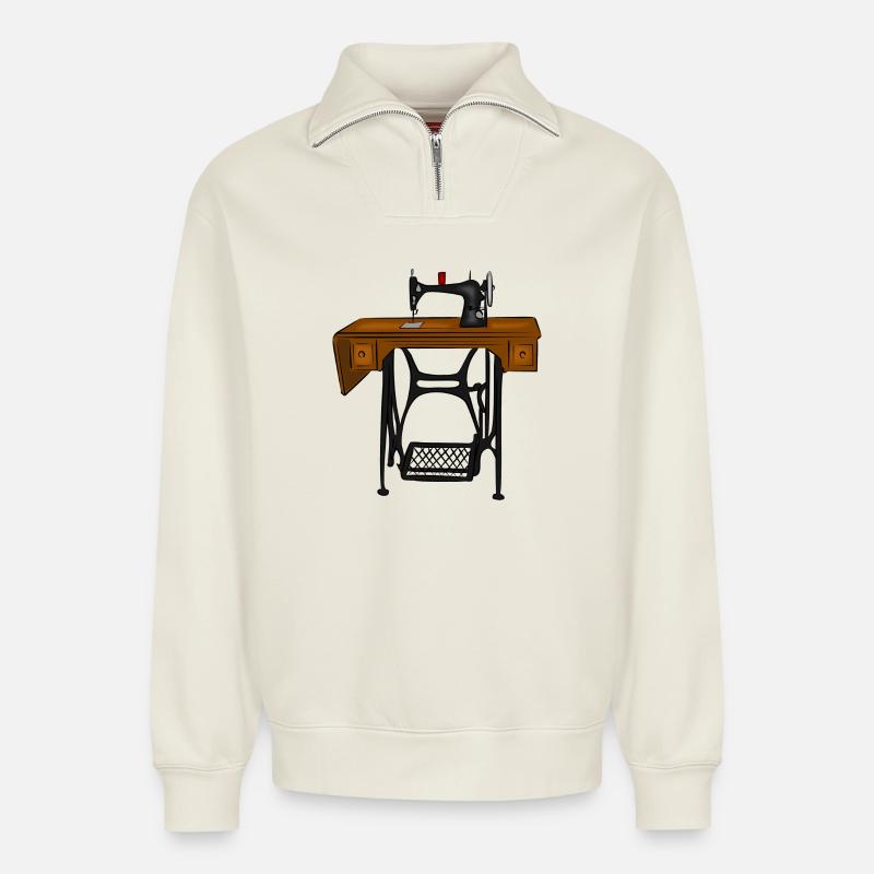Machine à coudre - Sweat unisexe décontracté en coton biologique à demi-zip – de SPREAD - blanc cassé