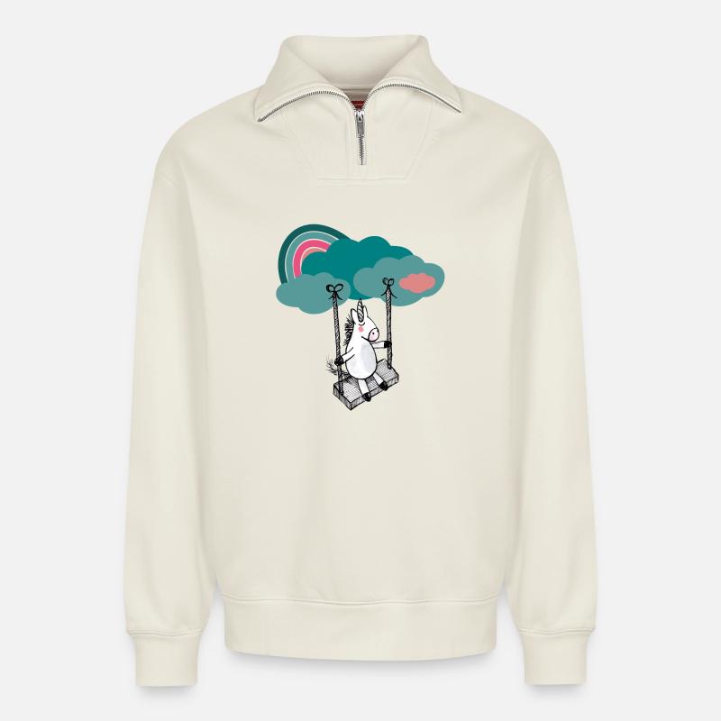Glückliches Einhorn - Relaxed Unisex Organic Half Zip Sweatshirt – von SPREAD - Naturweiß