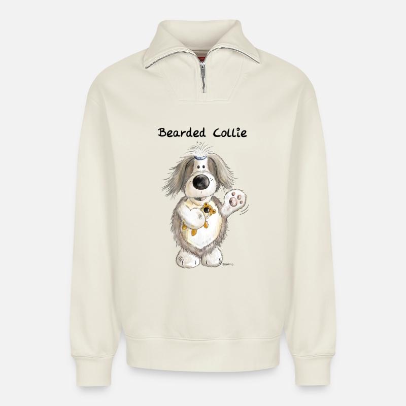 Bearded Collie mit Teddy - Relaxed Unisex Organic Half Zip Sweatshirt – von SPREAD - Naturweiß