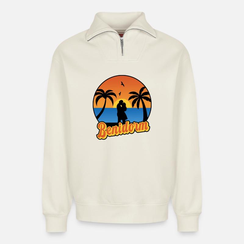 Benidorm - Sweat unisexe décontracté en coton biologique à demi-zip – de SPREAD - blanc cassé