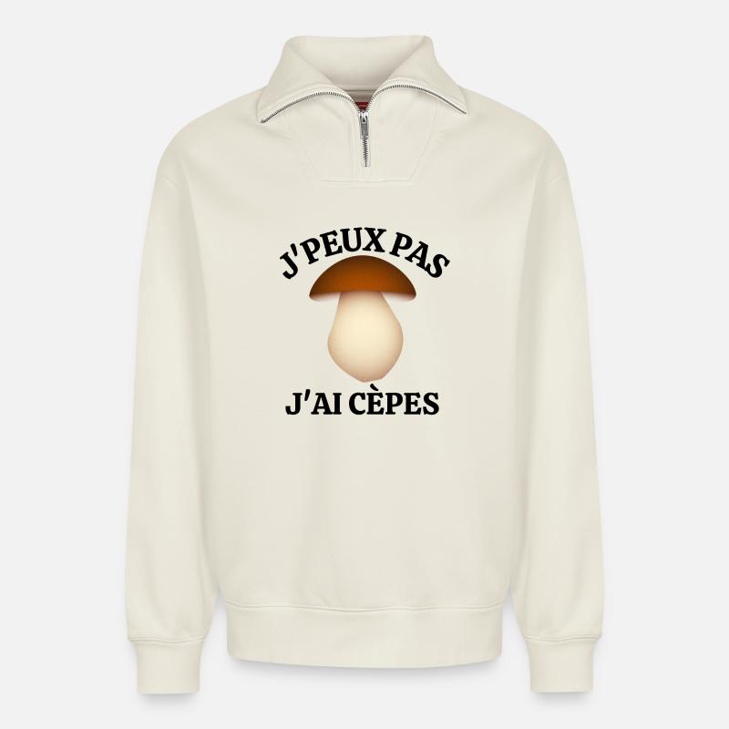 cèpes, champignon, ramasser des champignon - Sweat unisexe décontracté en coton biologique à demi-zip – de SPREAD - blanc cassé