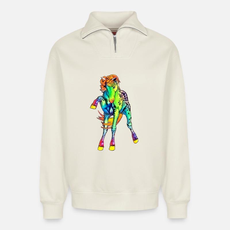 neon Pferd - Relaxed Unisex Organic Half Zip Sweatshirt – von SPREAD - Naturweiß