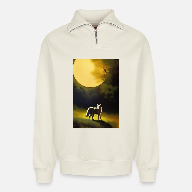 Wolf und Mond - Relaxed Unisex Organic Half Zip Sweatshirt – von SPREAD - Naturweiß