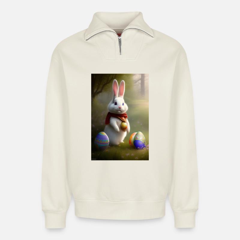Easter Bunny with Easter Eggs - Relaxed Unisex Organic Half Zip Sweatshirt – by SPREAD - off white