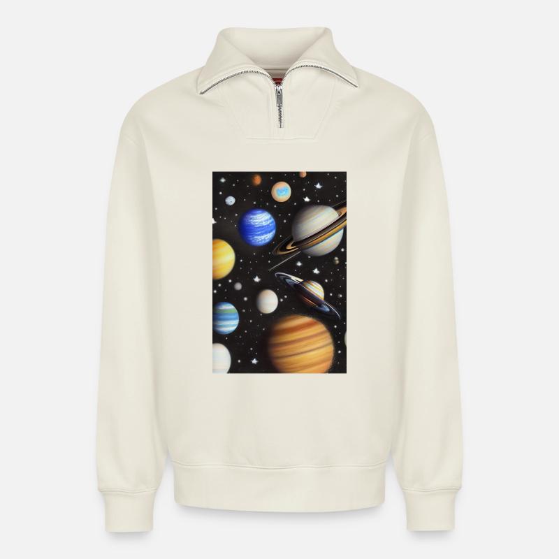Espace et planètes - Sweat unisexe décontracté en coton biologique à demi-zip – de SPREAD - blanc cassé