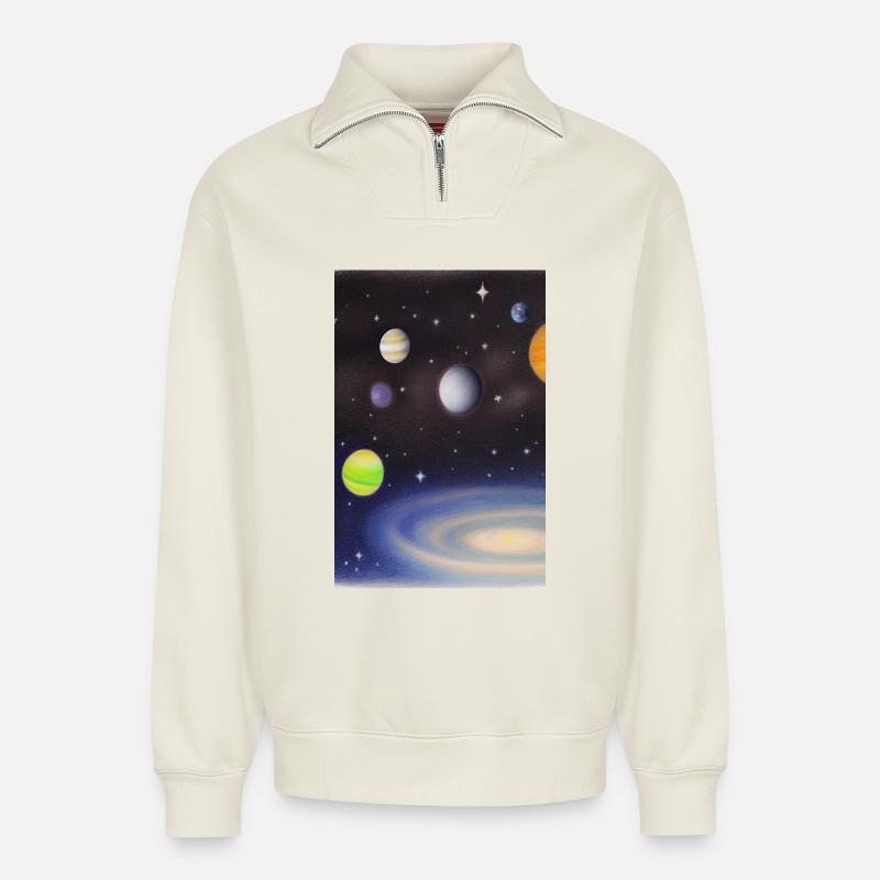 Space and planets - Relaxed Unisex Organic Half Zip Sweatshirt – by SPREAD - off white