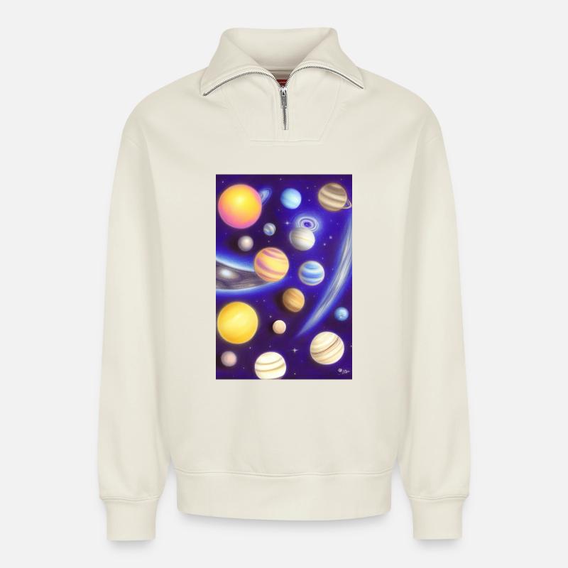 Space and planets - Relaxed Unisex Organic Half Zip Sweatshirt – by SPREAD - off white