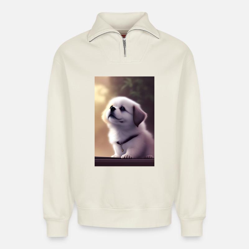 Bébé chien - Sweat unisexe décontracté en coton biologique à demi-zip – de SPREAD - blanc cassé