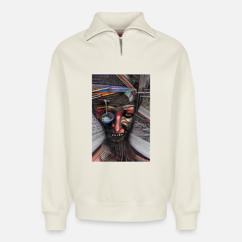 Art abstrait - Sweat unisexe décontracté en coton biologique à demi-zip – de SPREAD - blanc cassé