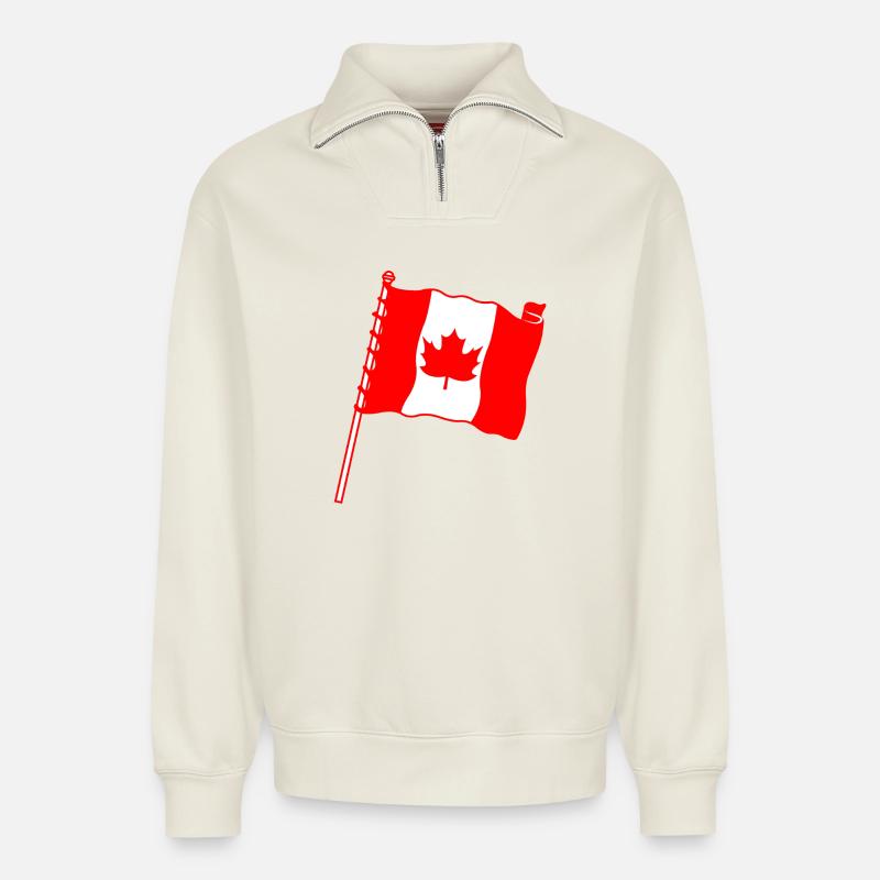 Drapeau : Feuille d’érable du Canada - Sweat unisexe décontracté en coton biologique à demi-zip – de SPREAD - blanc cassé