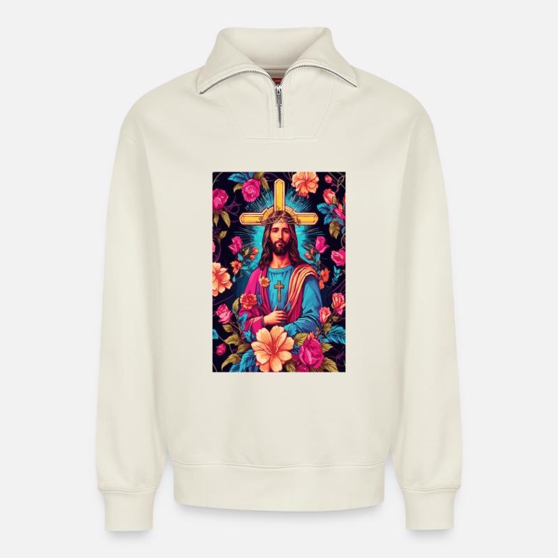 Jesus Christus - Relaxed Unisex Organic Half Zip Sweatshirt – von SPREAD - Naturweiß