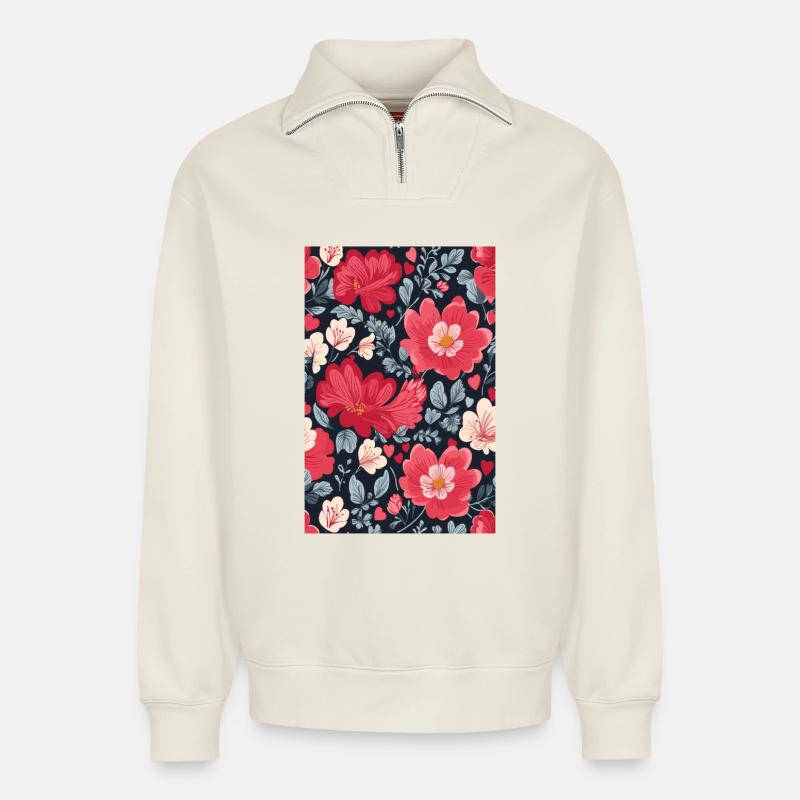 Floral Pattern - Relaxed Unisex Organic Half Zip Sweatshirt – by SPREAD - off white