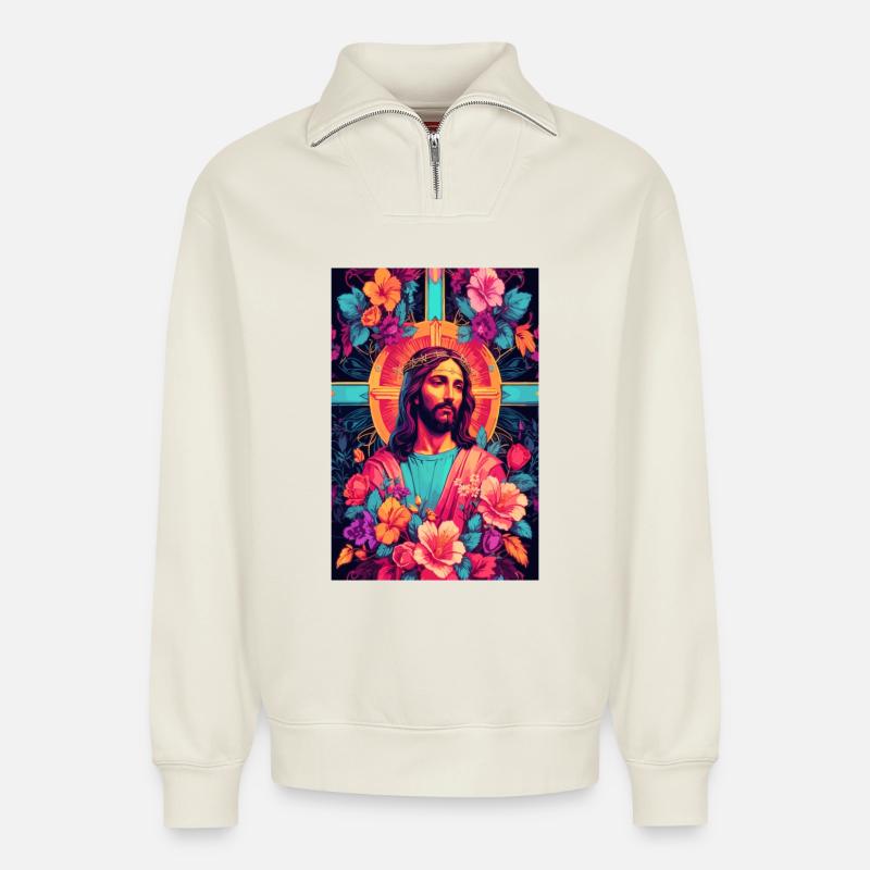 Jesus Christus - Relaxed Unisex Organic Half Zip Sweatshirt – von SPREAD - Naturweiß