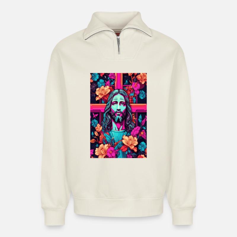Jesus Christus - Relaxed Unisex Organic Half Zip Sweatshirt – von SPREAD - Naturweiß