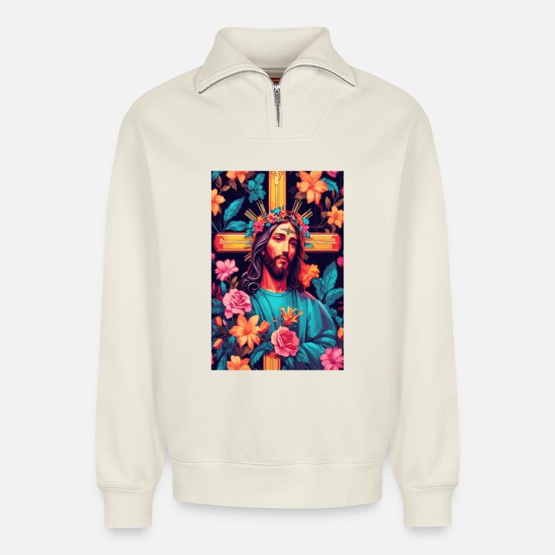 Jesus Christus - Relaxed Unisex Organic Half Zip Sweatshirt – von SPREAD - Naturweiß