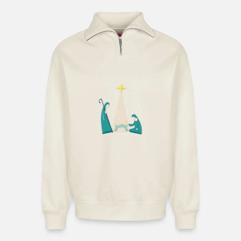 Crèche de l’Enfant Jésus - Sweat unisexe décontracté en coton biologique à demi-zip – de SPREAD - blanc cassé