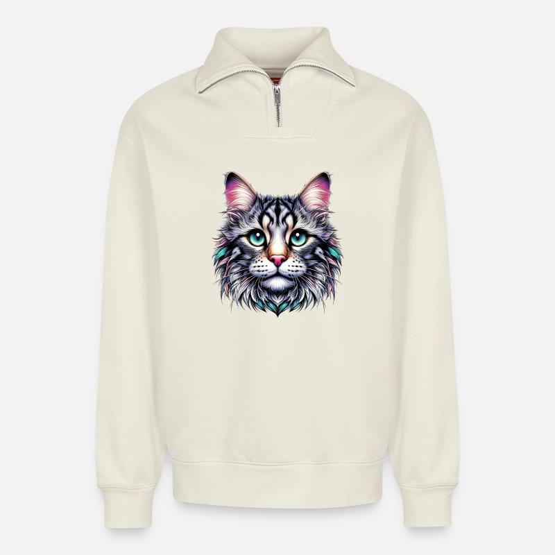 Katze - Relaxed Unisex Organic Half Zip Sweatshirt – von SPREAD - Naturweiß