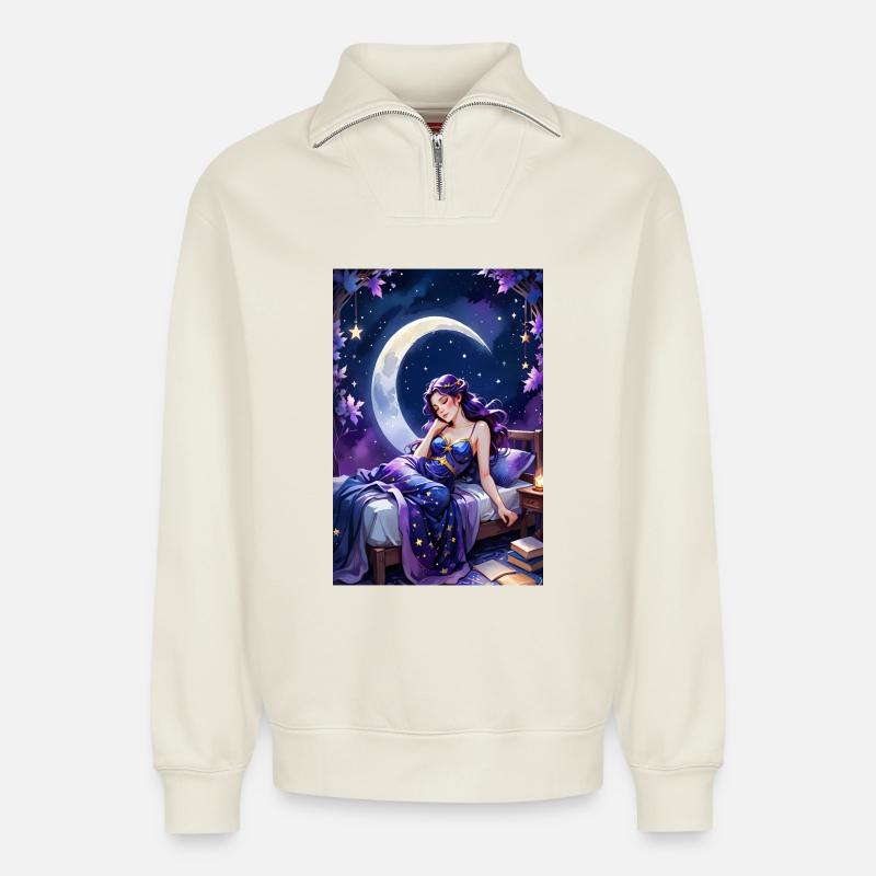 Reading and falling asleep - Relaxed Unisex Organic Half Zip Sweatshirt – by SPREAD - off white