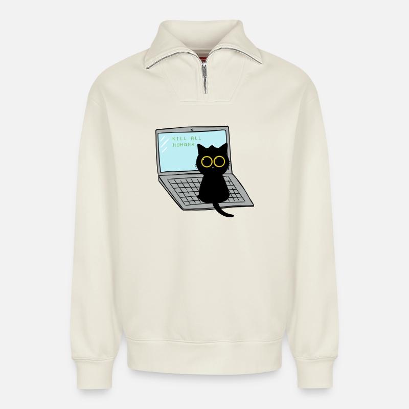Kill All Humans Cat - Relaxed Unisex Organic Half Zip Sweatshirt – von SPREAD - Naturweiß