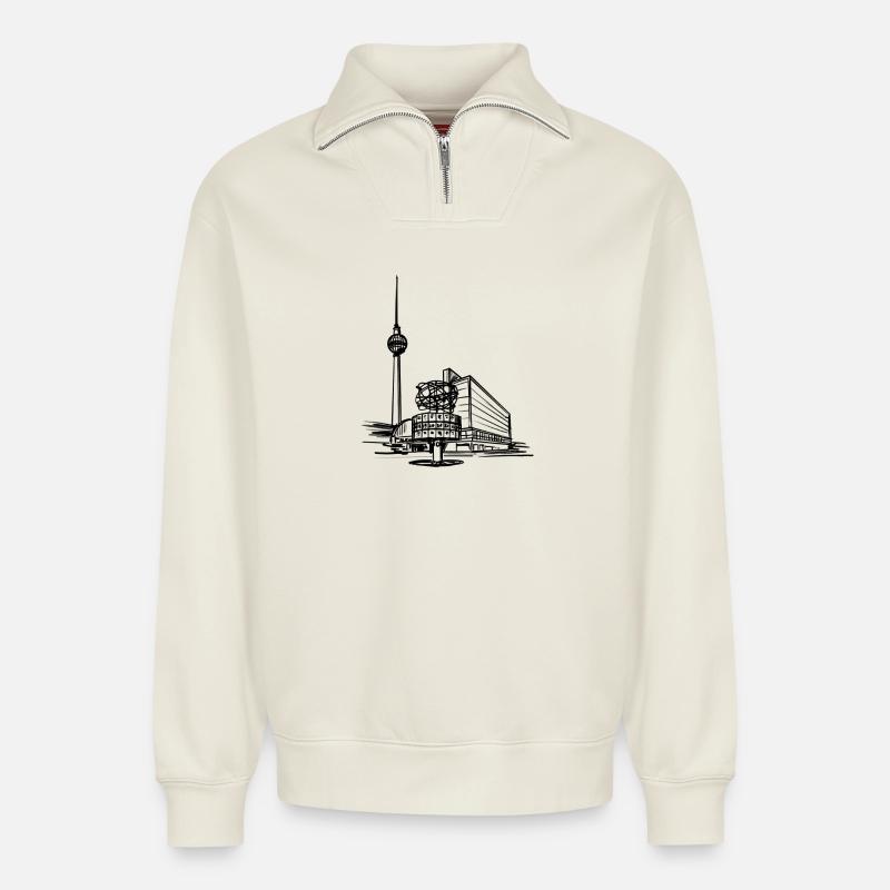 Berlin - Alex/TV Tower - Relaxed Unisex Organic Half Zip Sweatshirt – by SPREAD - off white