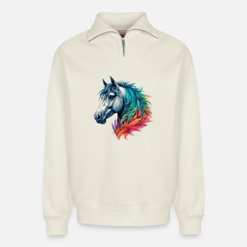 Cheval - Sweat unisexe décontracté en coton biologique à demi-zip – de SPREAD - blanc cassé