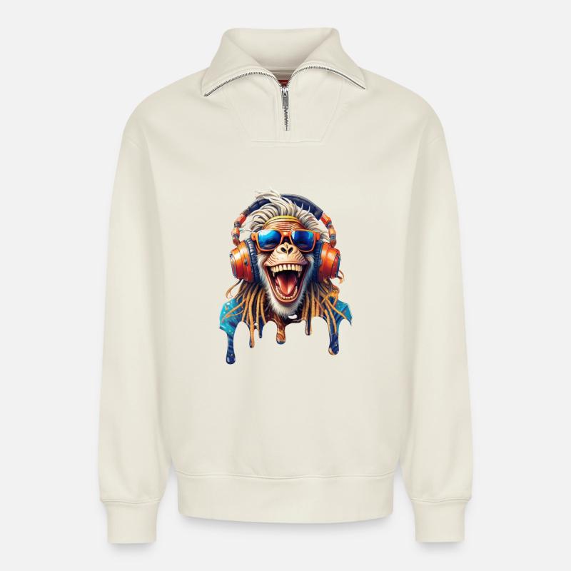 Alter Rasta Affe-Dreads-Lachbrille-Hifi-Helm - Relaxed Unisex Organic Half Zip Sweatshirt – von SPREAD - Naturweiß