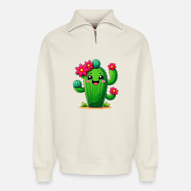 Cactus - Sweat unisexe décontracté en coton biologique à demi-zip – de SPREAD - blanc cassé
