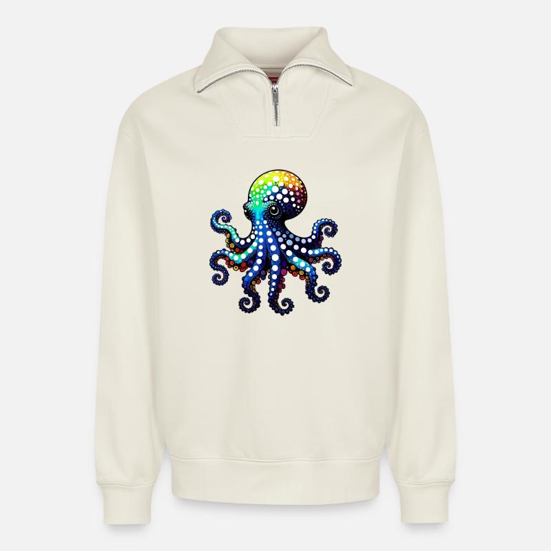 Pieuvre - Sweat unisexe décontracté en coton biologique à demi-zip – de SPREAD - blanc cassé