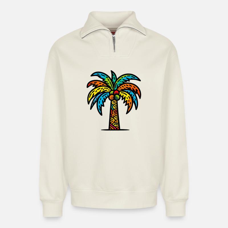 Palm tree - Relaxed Unisex Organic Half Zip Sweatshirt – by SPREAD - off white