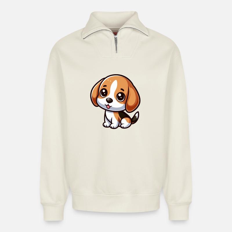 Chibi Beagle Dog - Relaxed Unisex Organic Half Zip Sweatshirt – by SPREAD - off white